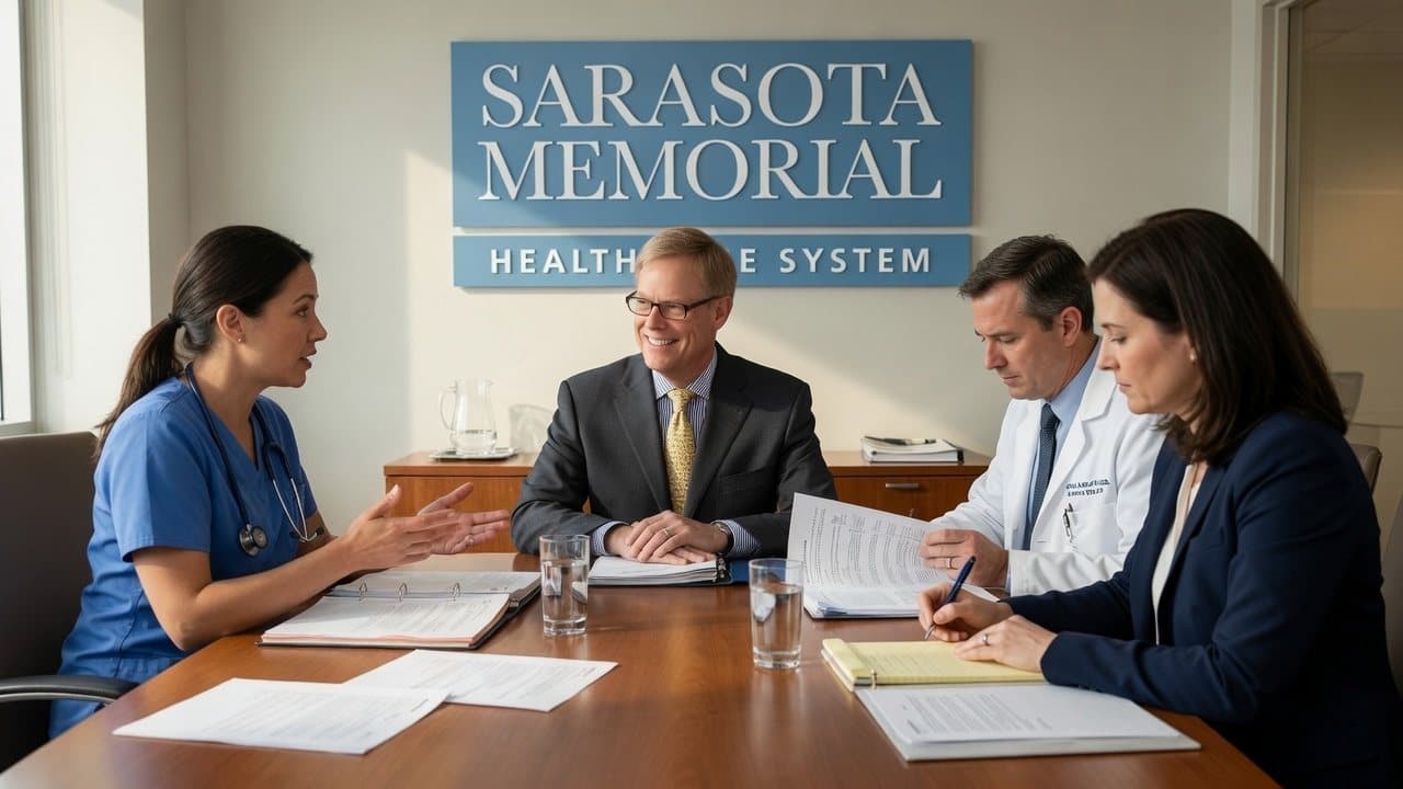 Illustration of Brad Baker meeting with hospital clinical and administrative staff